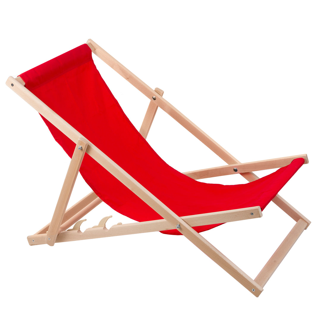 2 comfortabele houten ligstoelen, rood, ideaal voor het strand, balkon, terras