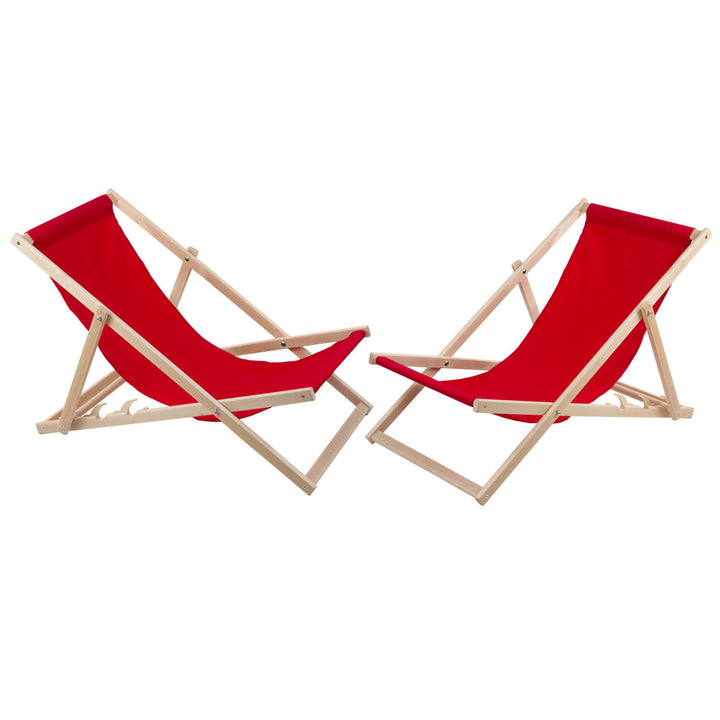 2 comfortabele houten ligstoelen, rood, ideaal voor het strand, balkon, terras