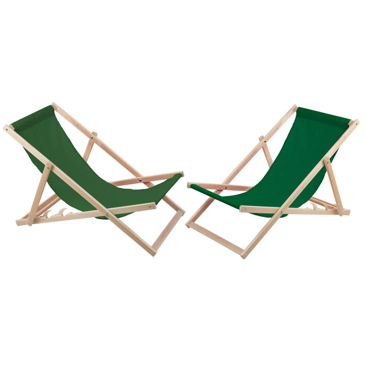 2 comfortabele houten ligstoelen, groen, ideaal voor het strand, balkon, terras