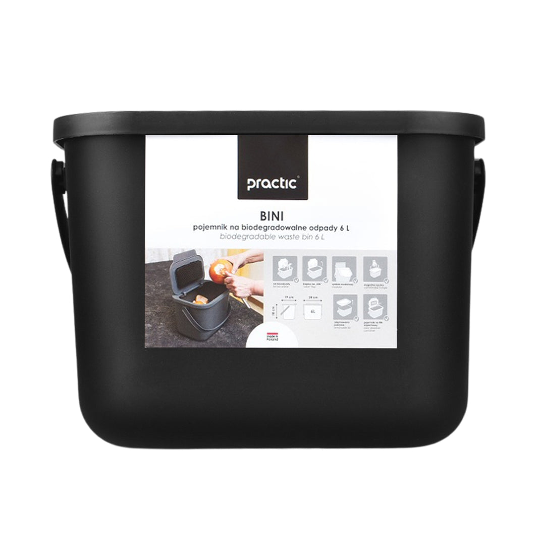Practic Mini Bini - Afvalbak 6L - met deksel en handvat voor de keuken - BPA-vrij - Zwart - 17cm x 24.5cm x 19cm