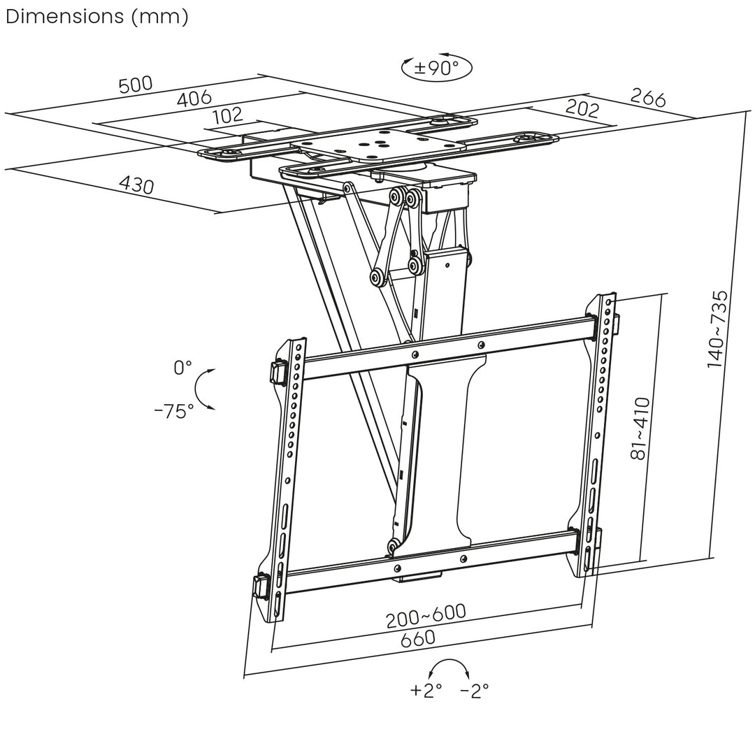Maclean - Elektrische TV-beugel voor plafondmontage - TUYA ondersteuning, max VESA 600x400, 90st zwenkbaar, 32"-75", 35kg, MC-490