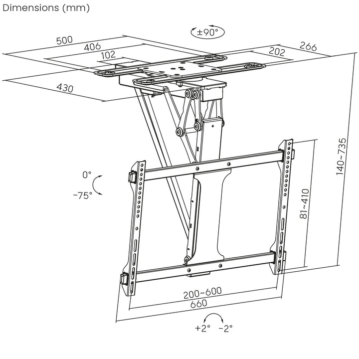 Maclean - Elektrische TV-beugel voor plafondmontage - TUYA ondersteuning, max VESA 600x400, 90st zwenkbaar, 32"-75", 35kg, MC-490