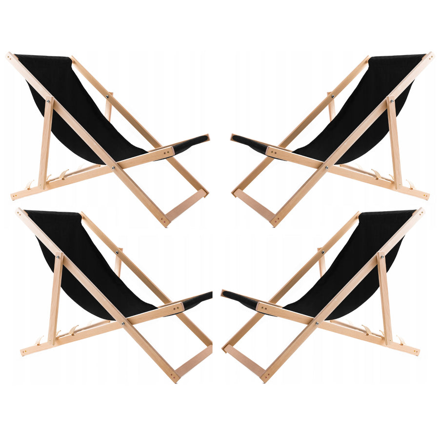 Woodok Set van 4 ligstoelen van beukenhout Strandstoel ligstoel Tuinligstoel voor strand, tuin, balkon en terras Opvouwbaar tot 120 kg Zwart