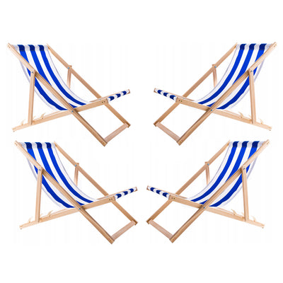4 comfortabele houten ligstoelen, blauw gestreept, ideaal voor het strand, balkon, terras, gemonteerd