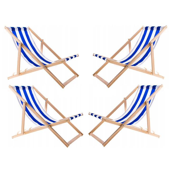 4 comfortabele houten ligstoelen, blauw gestreept, ideaal voor het strand, balkon, terras, gemonteerd