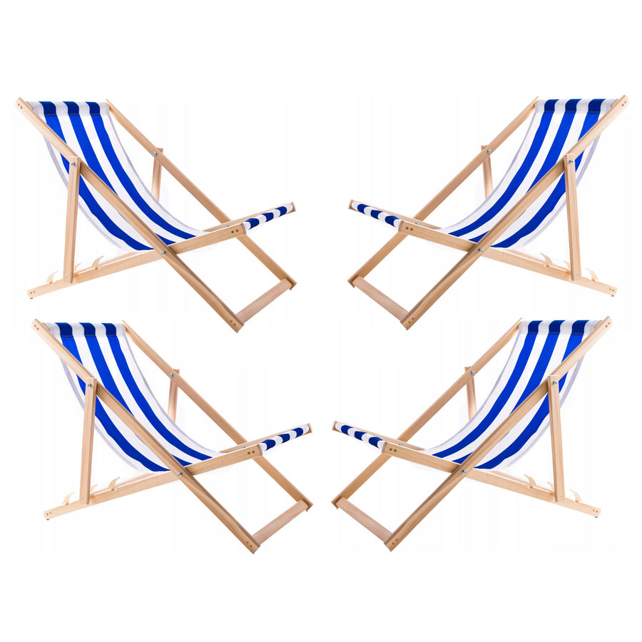 4 comfortabele houten ligstoelen, blauw gestreept, ideaal voor het strand, balkon, terras, gemonteerd