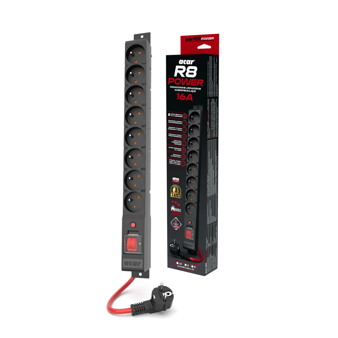 Acar overspanningsbeveiligingslijst, 16A, 3680W, 3m, zwart, R8 POWER