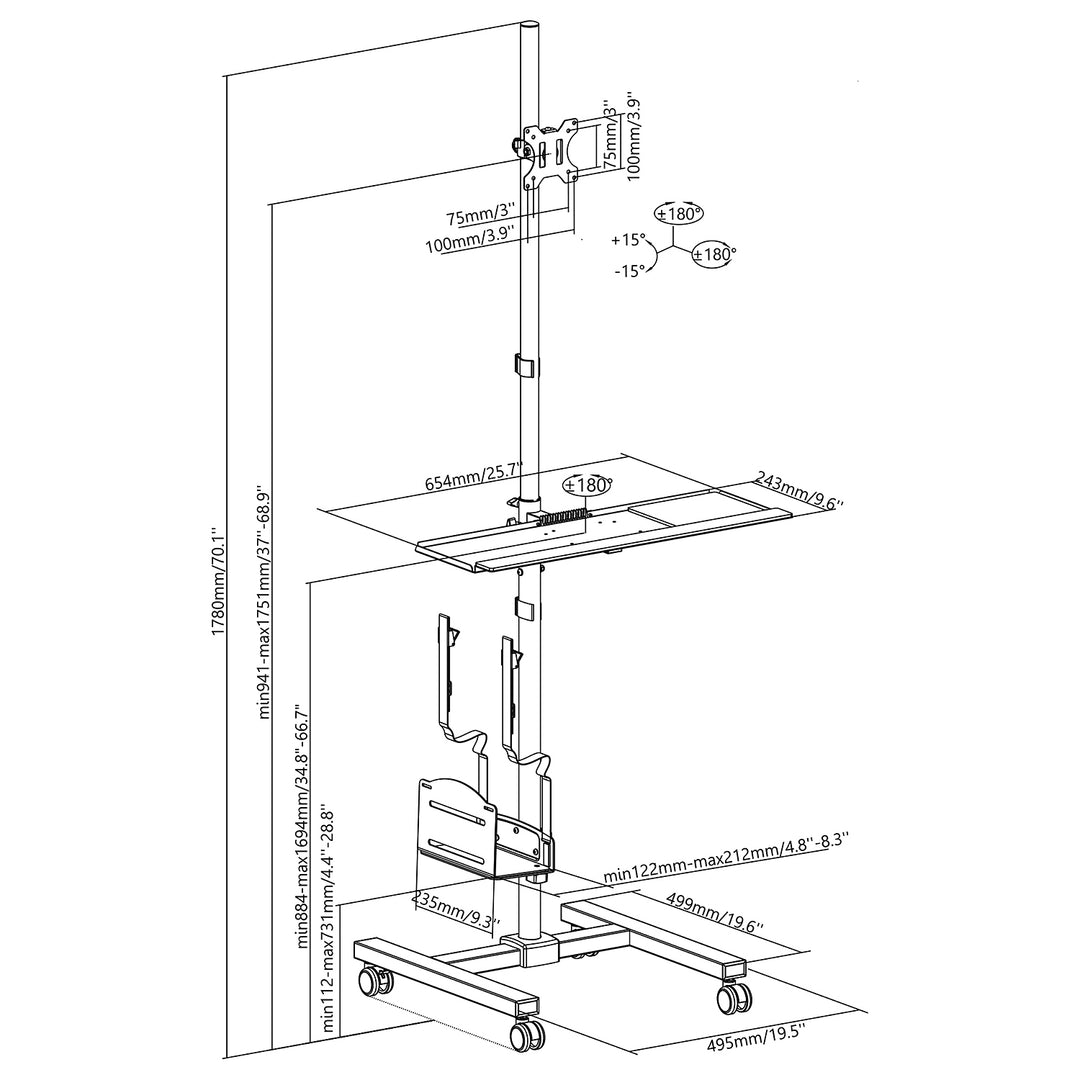 Maclean professionele standwagen, mobiel computerwerkstation op wielen, max 17"-32", max 20kg, MC-793