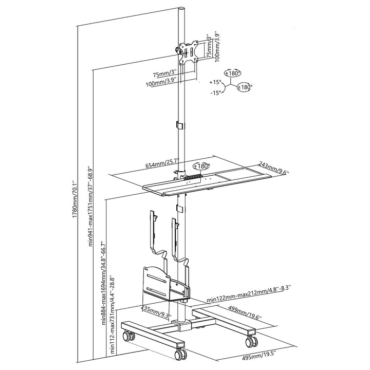 Maclean professionele standwagen, mobiel computerwerkstation op wielen, max 17"-32", max 20kg, MC-793