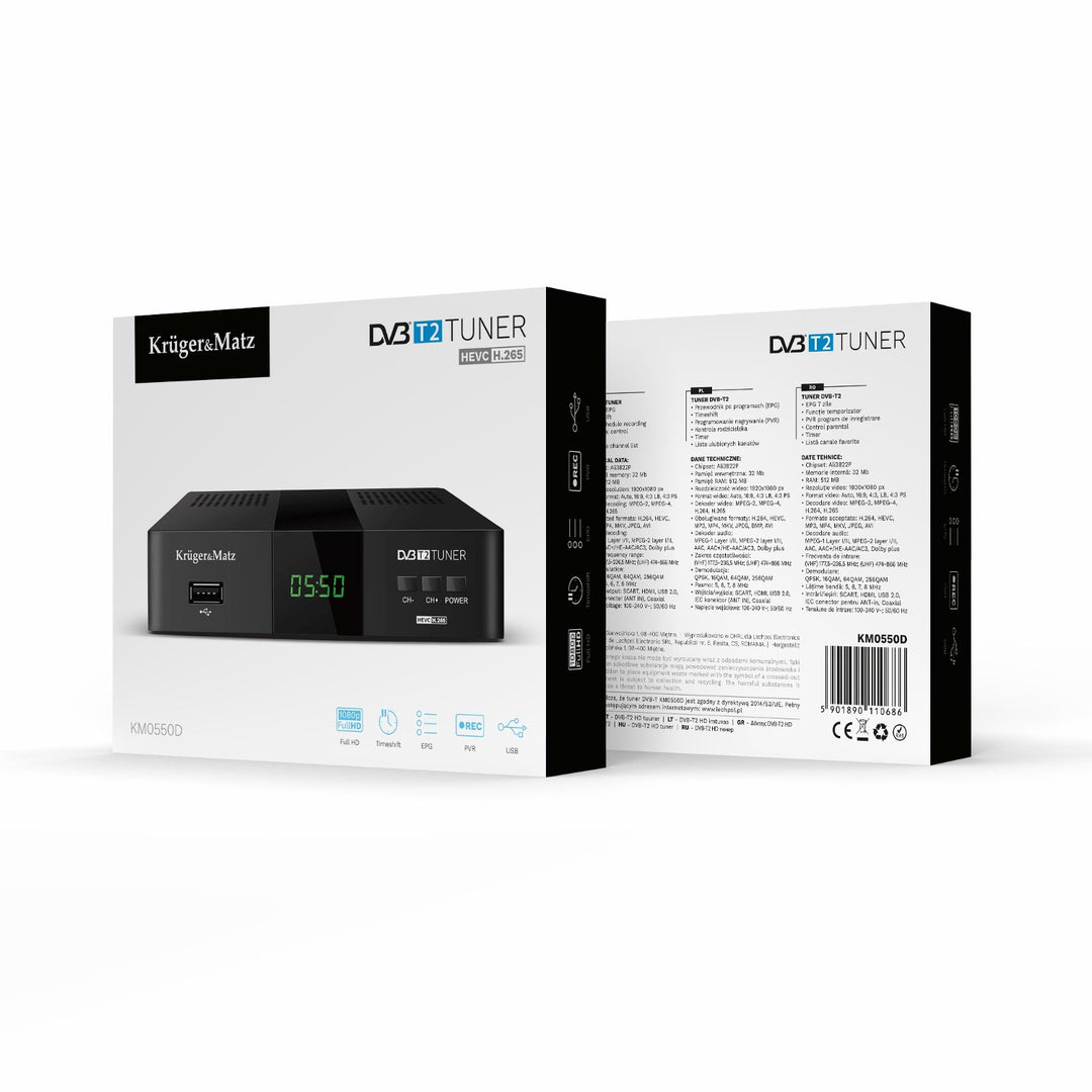 Tuner-decoder DVB-T2 KM0550D H.265 HEVC EPG PVR Timeshift Kruger&Matz