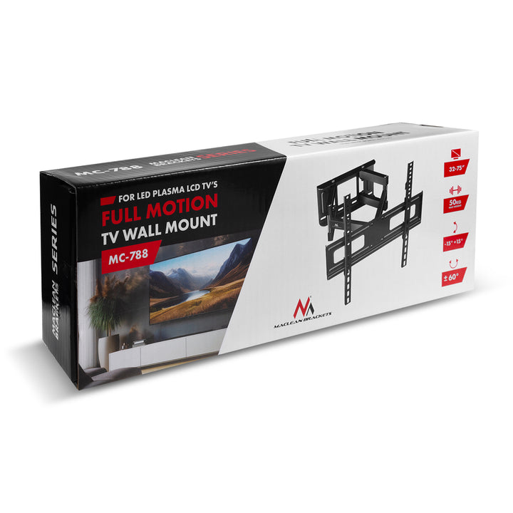 Maclean TV steun, max VESA 400x400, 32-75", 50kg, horizontale en verticale hoekverstelling, profiel 80-380mm, zwart, MC-788