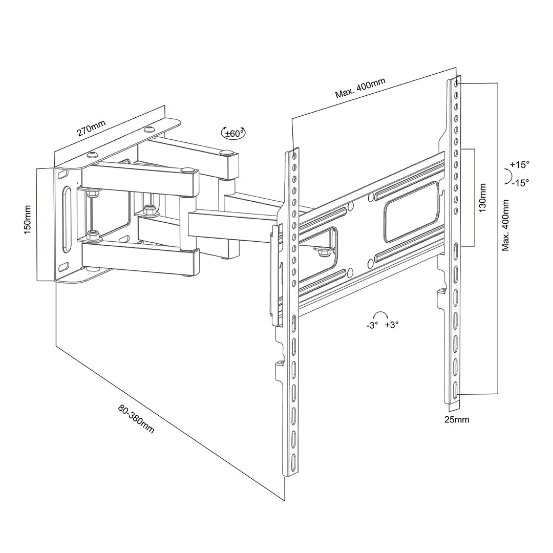 Maclean TV steun, max VESA 400x400, 32-75", 50kg, horizontale en verticale hoekverstelling, profiel 80-380mm, zwart, MC-788