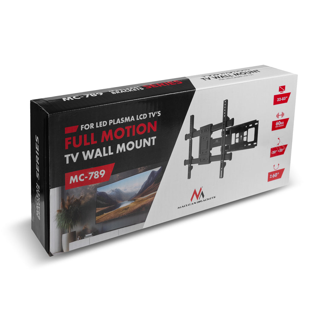 Maclean TV beugel, max VESA 600x400, 32-85", 60kg, horizontale en verticale hoekverstelling, profiel 65-390mm, zwart, MC-789