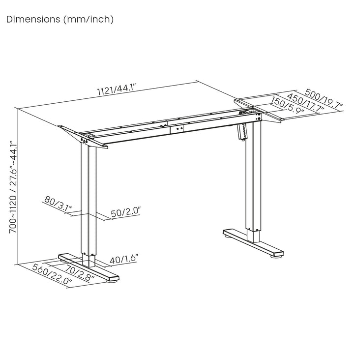 Ergo Office elektrisch in hoogte verstelbaar bureau, max. hoogte 1160mm, max - 80 kg, zonder tafelblad, zwart, ER-400 B