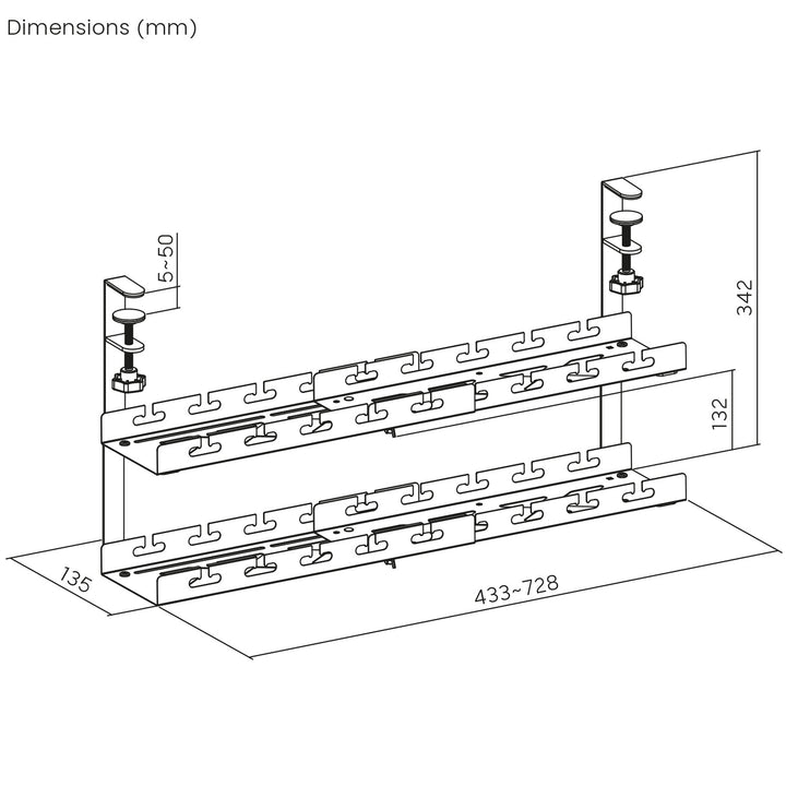 Maclean kabelopbergsysteem voor onder het bureau, max. belasting 5kg, max. 728 mm, 2 niveaus, zwart, MC-102 B