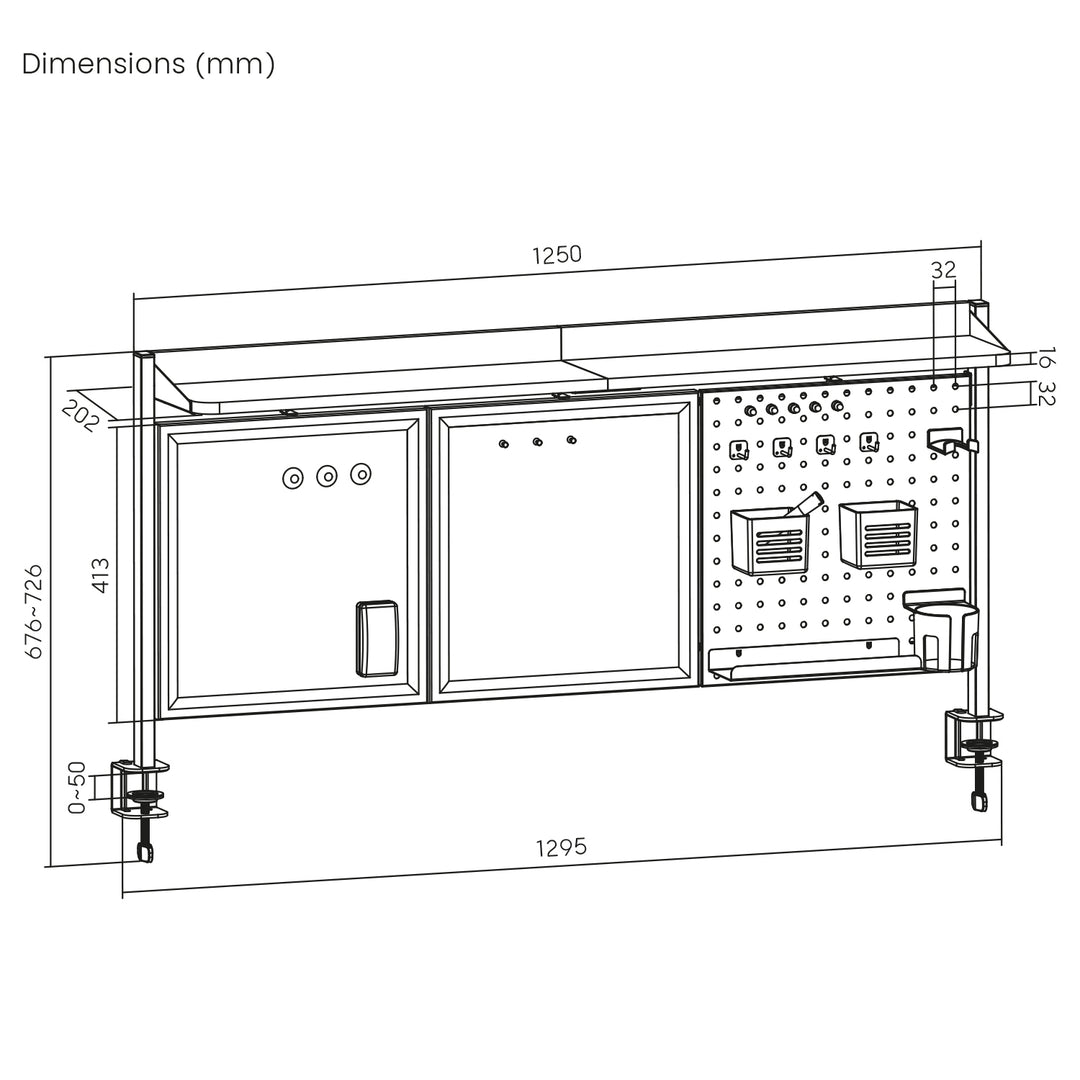 Bureauverdeler / organizer Ergo Office, max. belasting 10kg, wit en kurkplaat, breedte 1250mm, zwart,ER-300 B