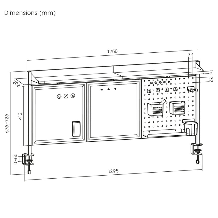 Bureauverdeler / organizer Ergo Office, max. belasting 10kg, wit en kurkplaat, breedte 1250mm, zwart,ER-300 B