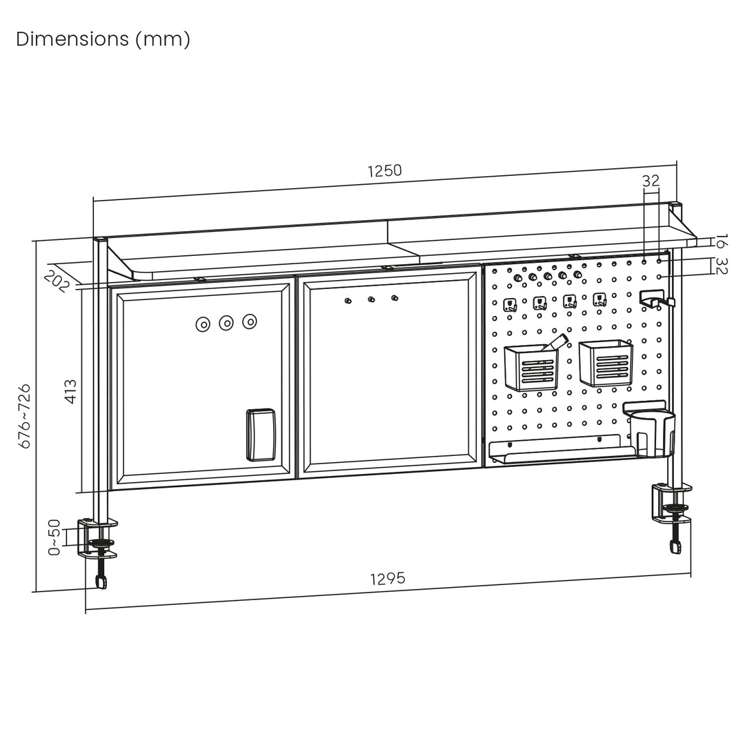 Ergo Office - Bureauverdeler / organizer, max. belasting 10kg, wit en kurkplaat, breedte 1250mm, wit, ER-300 W