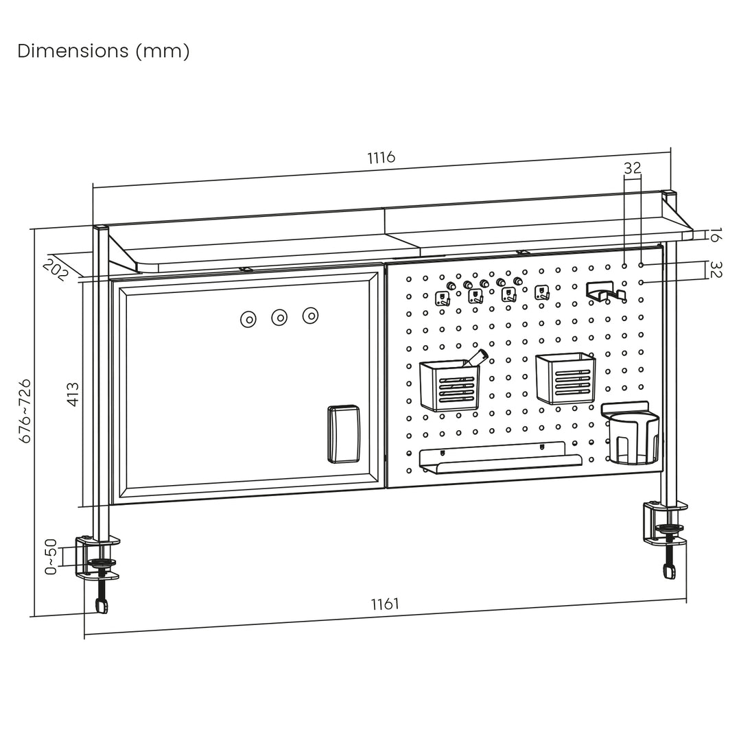 Bureauverdeler / organizer Ergo Office, max. belasting 10kg, wit bord, breedte 1116mm, zwart, ER-301 B