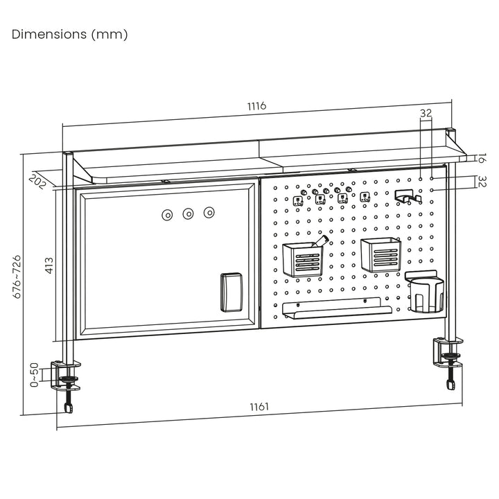 Bureauverdeler / organizer Ergo Office, max. belasting 10kg, wit bord, breedte 1116mm, zwart, ER-301 B