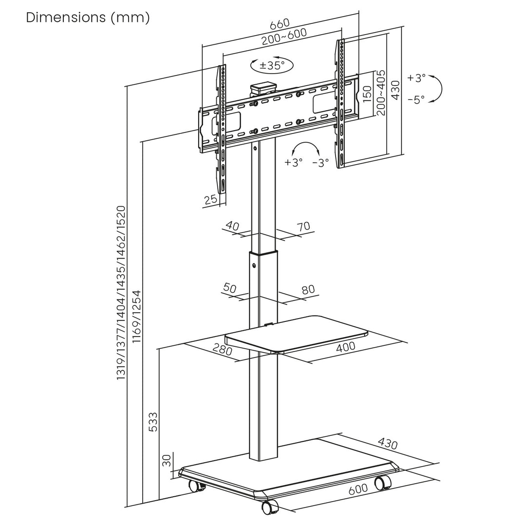 TV-standaard / trolley Ergo-Office, max. belasting 50kg / 5kg plank, max. VESA 600x400, ingebouwde contactdoos, zwart, ER-304 B