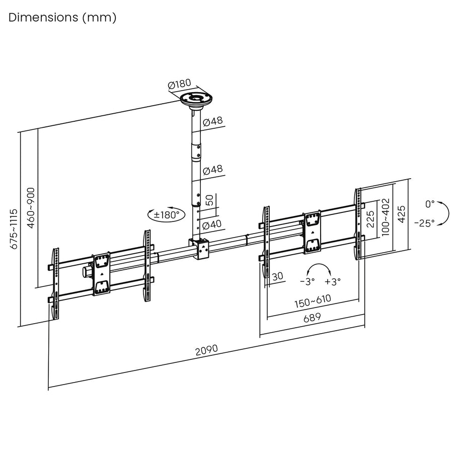 Maclean plafondbeugel voor twee TV's, max. belasting 2x40kg, 34-60", max VESA 600x400, MC-111 B