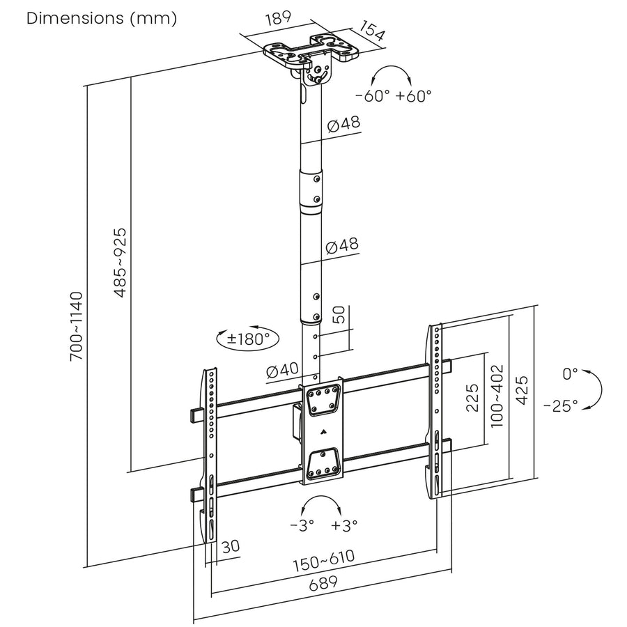 Plafondbeugel voor Maclean TV, max. belasting 60kg, 43-86", max VESA 600x400, MC-112 B