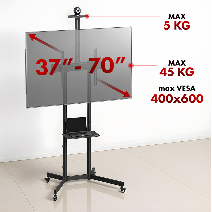 Maclean TV-standaard / trolley, camera plank, op wielen, 37-70", max. belasting 45kg/5kg plank, max. VESA 600x400, MC-113 B