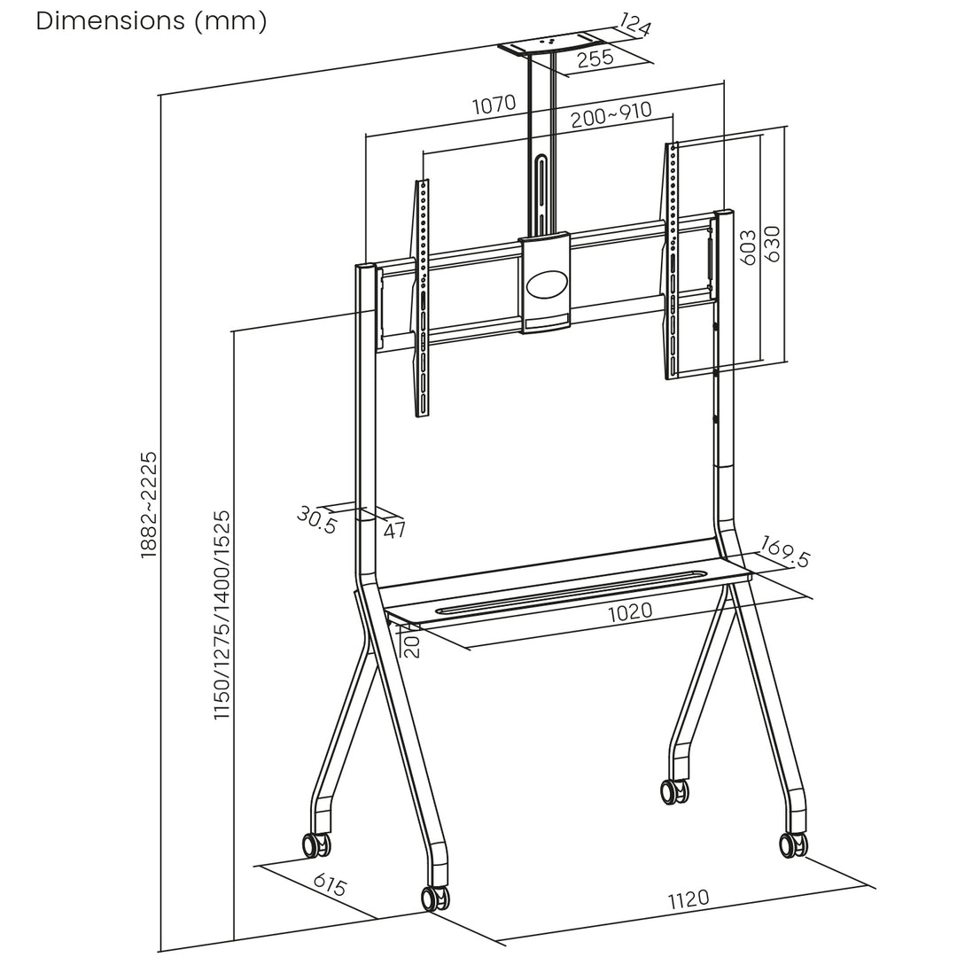 Maclean TV-standaard / trolley, camera plank, op wielen, 55-100", max. belasting 120kg/10kg plank, max. VESA 900x600, zwart, MC-114 B
