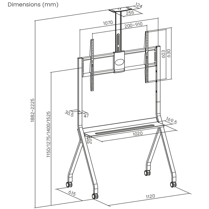 Maclean TV-standaard / trolley, camera plank, op wielen, 55-100", max. belasting 120kg/10kg plank, max. VESA 900x600, zwart, MC-114 B