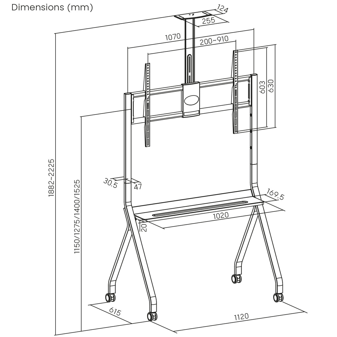 Maclean TV-standaard / trolley, camera plank, op wielen, 55-100", max. belasting 120kg/10kg plank, max. VESA 900x600, wit, MC-114 W