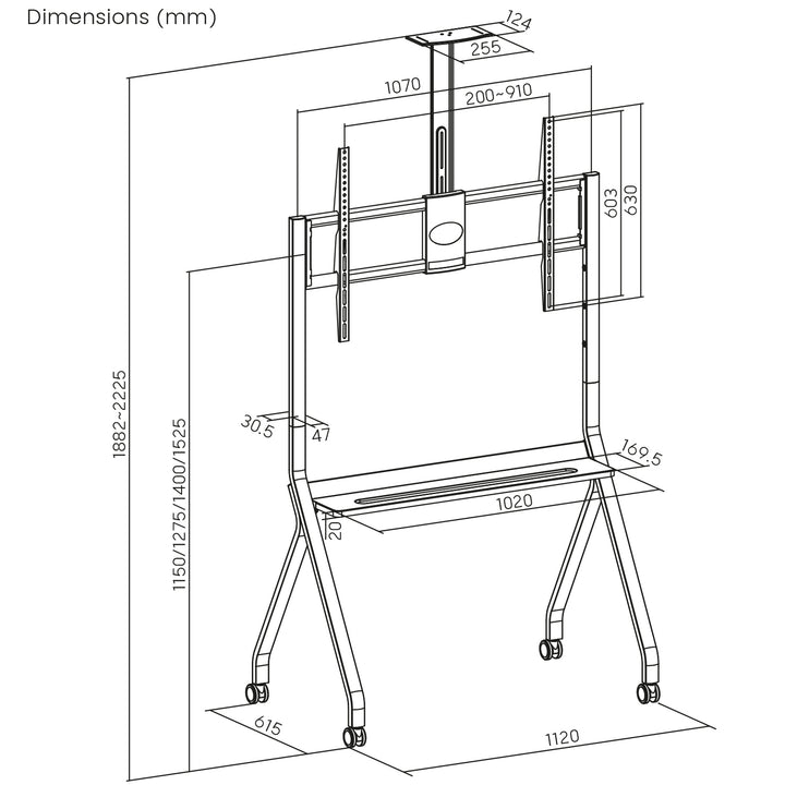 Maclean TV-standaard / trolley, camera plank, op wielen, 55-100", max. belasting 120kg/10kg plank, max. VESA 900x600, wit, MC-114 W