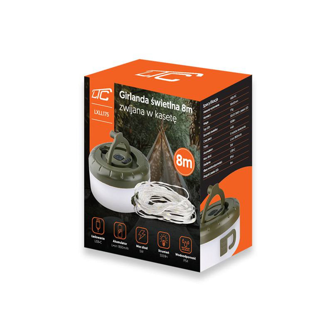 LTC intrekbare lichtslinger 8m SMD 30 5W 500lm 3000K batterij 1800mAh USB-C IP54