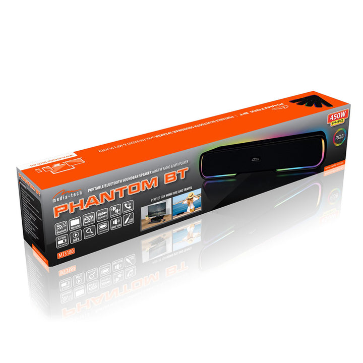 Draagbare Bluetooth-geluidsbalkluidspreker, meerkleurige RGB-achtergrondverlichting, RMS 10W, PMPO 450W, FM-radio, MP3. AUX, ingebouwde oplaadbare batterij, Media-Tech PHANTOM BT