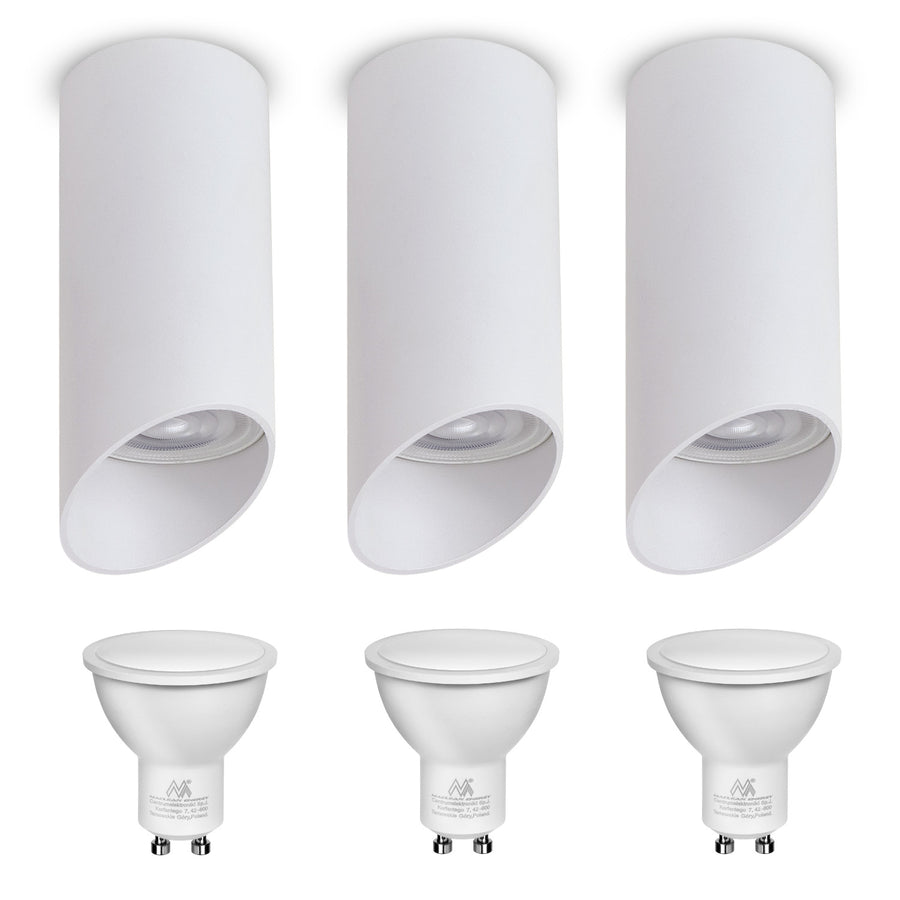 Maclean opbouw armatuur / buis, spot, rond, aluminium, GU10, 55x130mm, wit, MCE360 W 3st + LED lamp GU10 7W Maclean Energy MCE437 WW warm wit 3000K, 220-240V~, 50/60Hz, 3st
