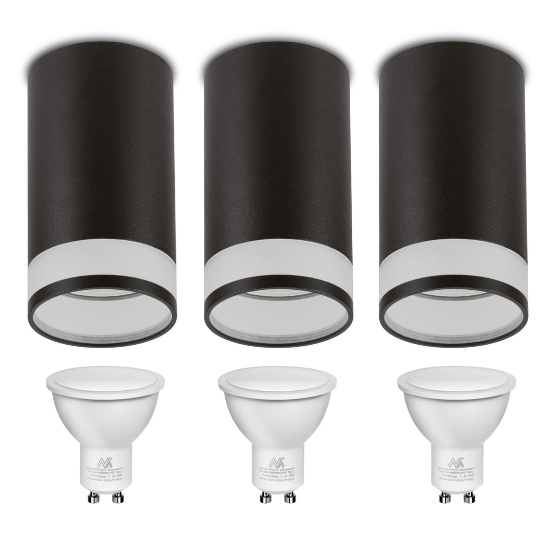 Maclean opbouw armatuur / buis, spot, rond, aluminium, GU10, 55x130mm, kleur zwart, MCE361 B 3st+ LED lamp GU10 7W Maclean Energy MCE437 NW neutraal wit 4000K, 220-240V~, 50/60Hz, 490 3st