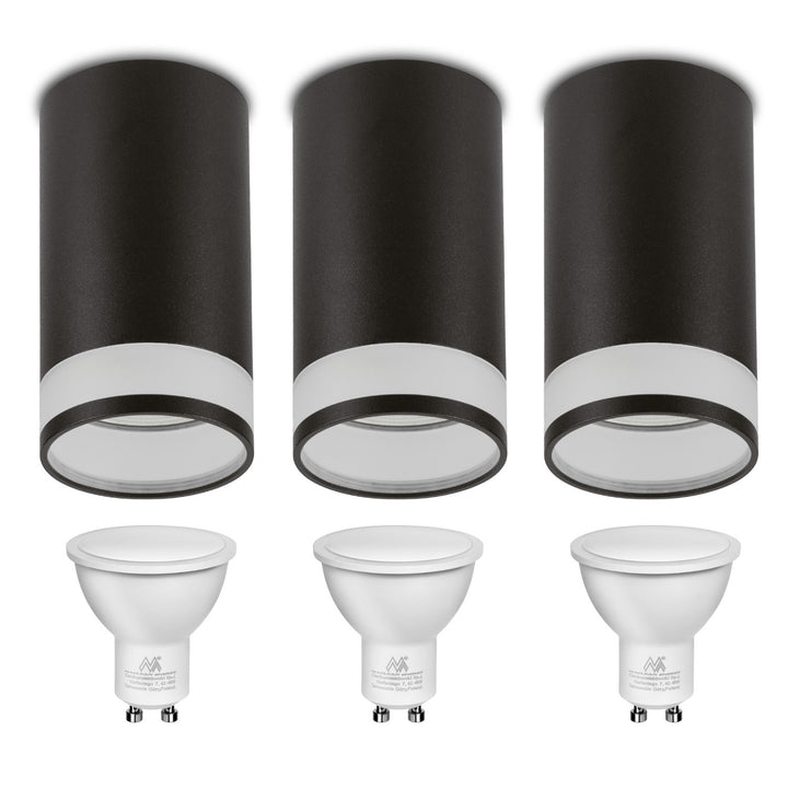 Maclean opbouw armatuur / buis, spot, rond, aluminium, GU10, 55x130mm, kleur zwart, MCE361 B 3st+ LED lamp GU10 7W Maclean Energy MCE437 NW neutraal wit 4000K, 220-240V~, 50/60Hz, 490 3st