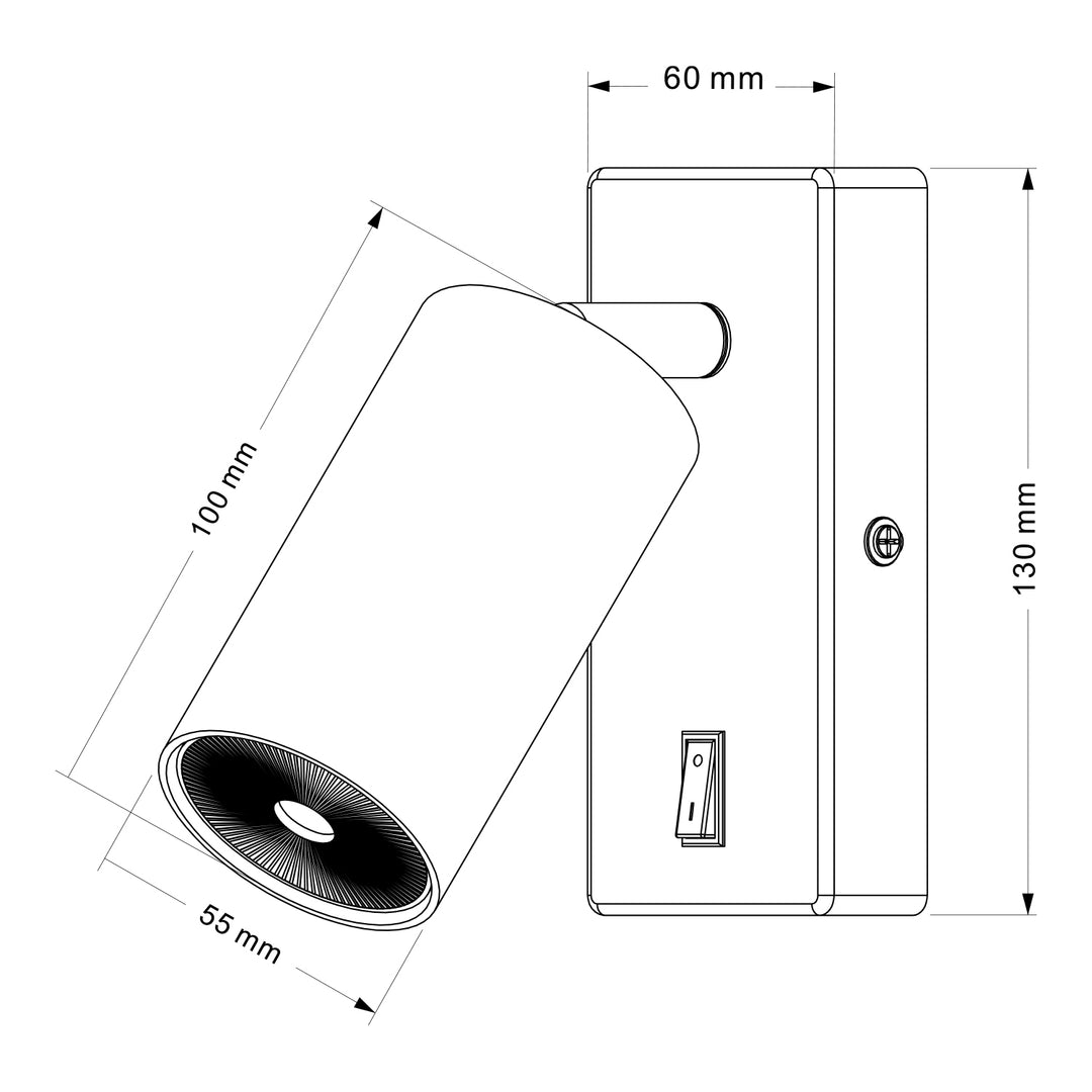 Wandlamp/wandlamp Maclean, spot, rond, GU10, met 55x90mm schakelaar, wit, MCE369 W+LED lamp GU10 7W Maclean Energy MCE437 WW warm wit 3000K, 220-240V~, 50/60Hz, 490lm