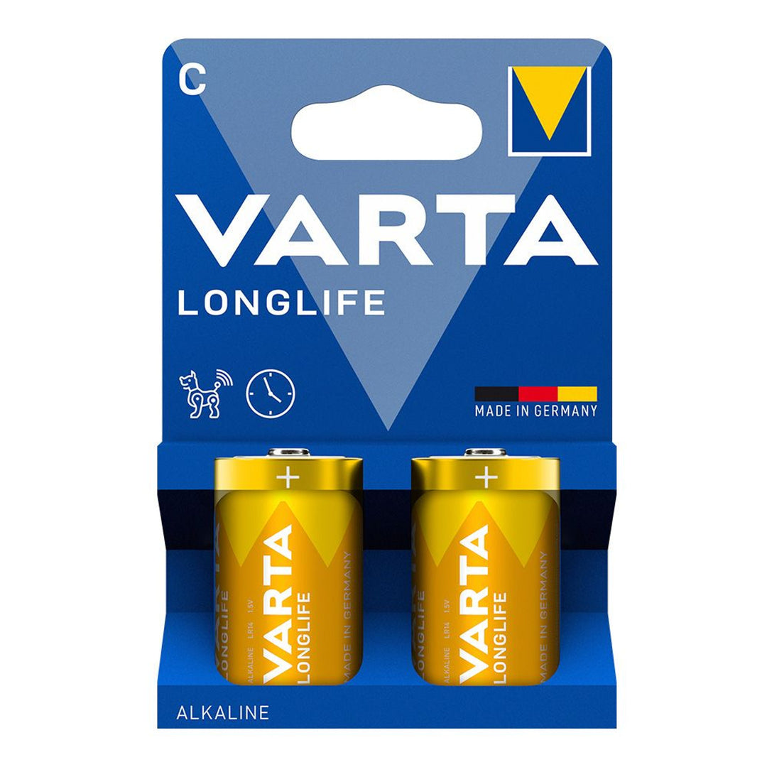 2x 1,5 V LR14 C alkalinebatterij van Varta Longlife in blisterverpakking