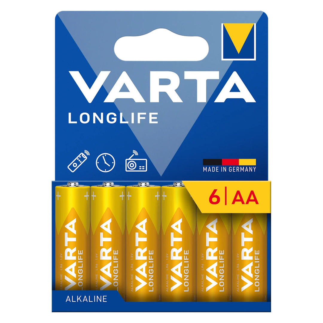 6 stuks 1,5 V LR6 AA Varta Longlife alkalinebatterijen in blisterverpakking