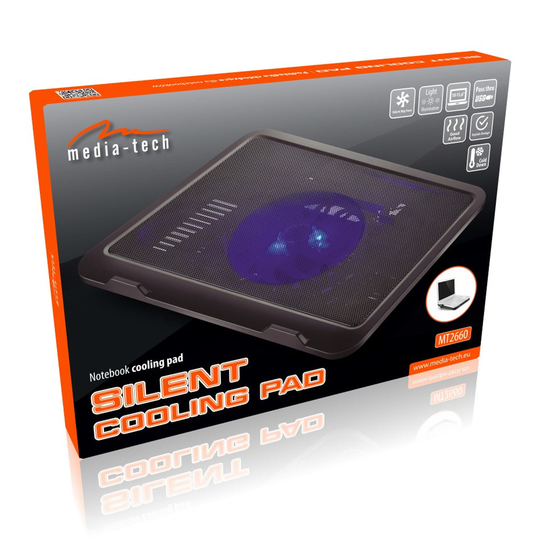 SILENT COOLING PAD - Koelpad voor laptops van 15,6" en kleiner, stille, krachtige ventilatoren van 13,5 cm, USB-poort.