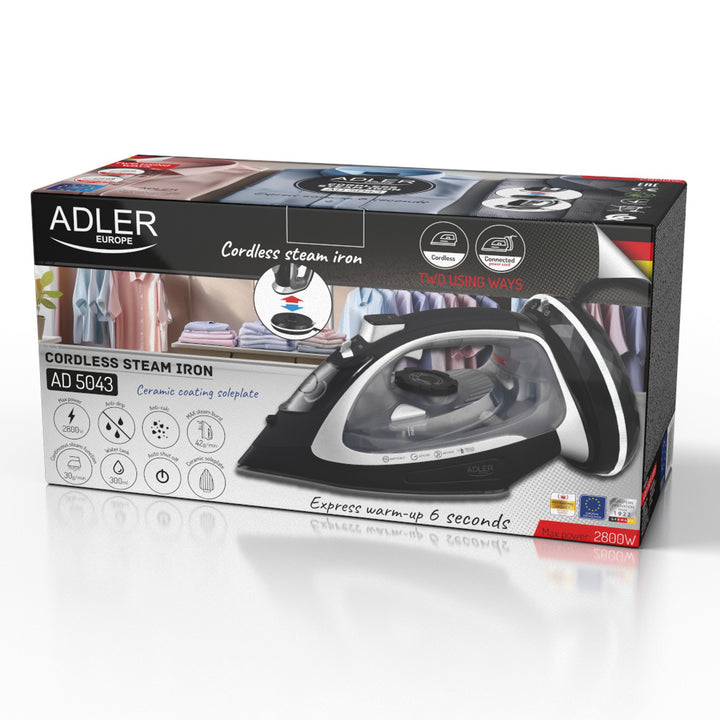 Adler snoerloos stoomstrijkijzer, keramische zoolplaat, 2800W, AD 5043
