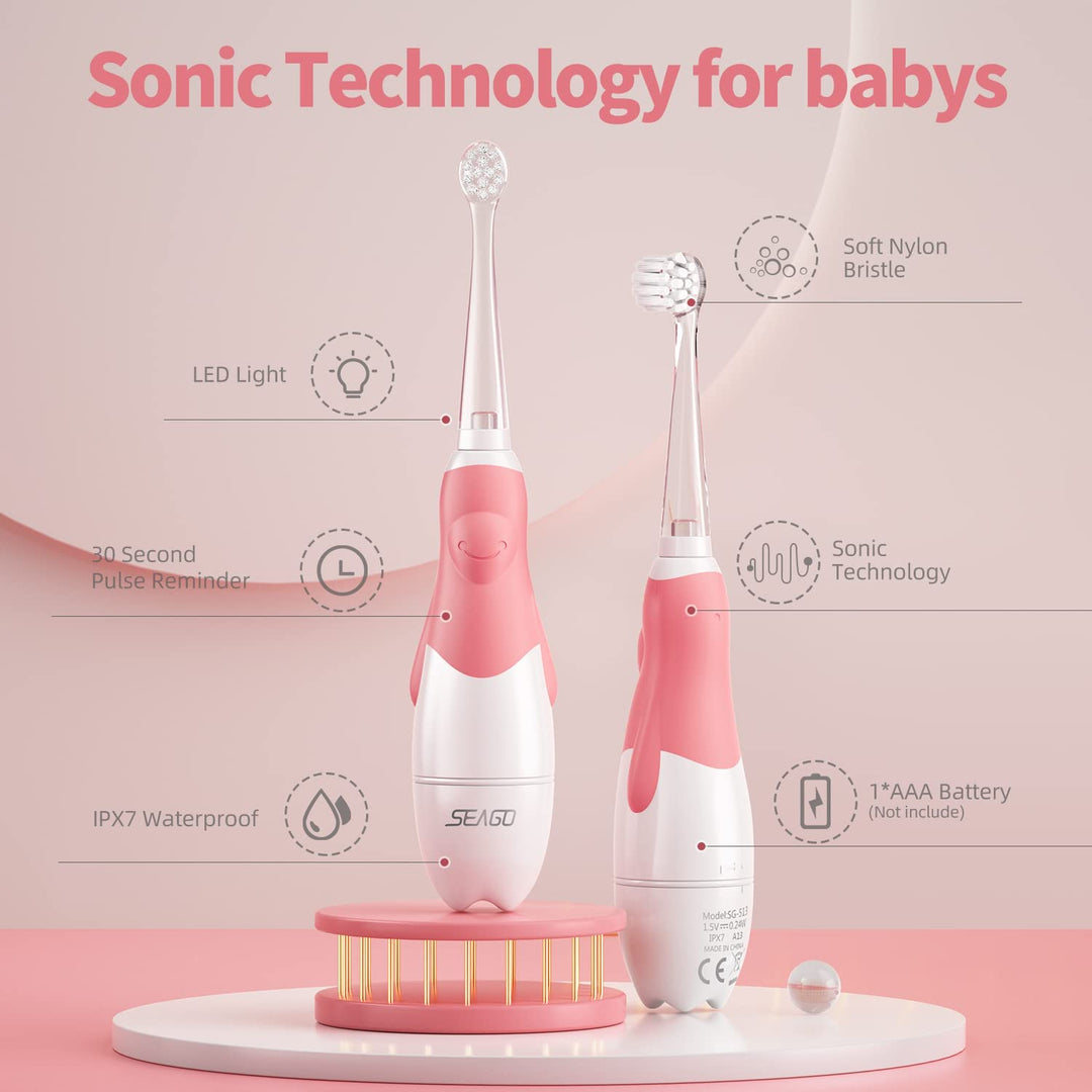 SEAGO sonische kindertandenborstel, kleur roze, 1xAA 1,5V (niet meegeleverd), 4 opzetstukken, SG-513 Roze + Set reservetandenborstels voor SG-513, SG-977 SEAGO, 4 stuks, kleur transparant, SG-513 Navulling