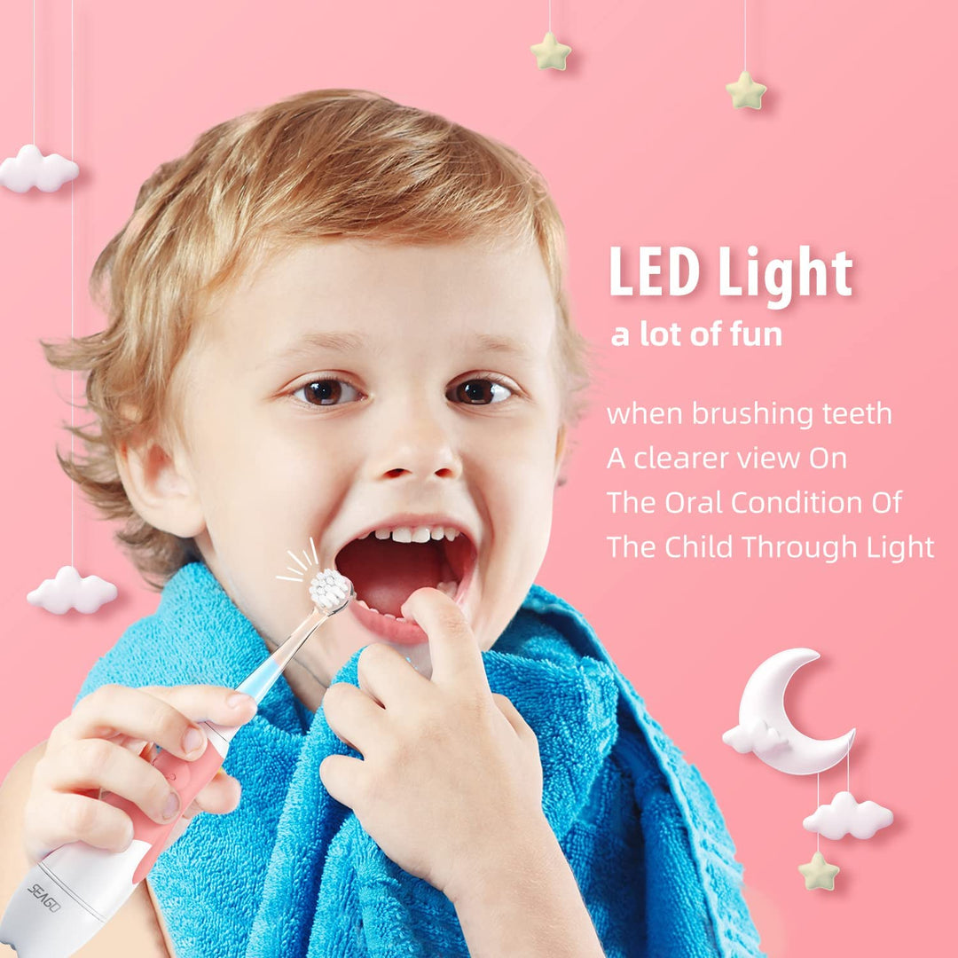 SEAGO sonische kindertandenborstel, kleur roze, 1xAA 1,5V (niet meegeleverd), 4 opzetstukken, SG-513 Roze + Set reservetandenborstels voor SG-513, SG-977 SEAGO, 4 stuks, kleur transparant, SG-513 Navulling
