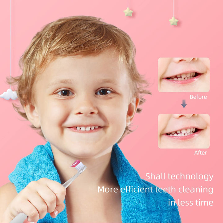 SEAGO sonische kindertandenborstel, kleur roze, 1xAA 1,5V (niet meegeleverd), 4 opzetstukken, SG-513 Roze + Set reservetandenborstels voor SG-513, SG-977 SEAGO, 4 stuks, kleur transparant, SG-513 Navulling
