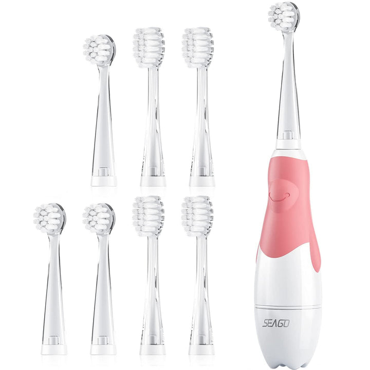 SEAGO sonische kindertandenborstel, kleur roze, 1xAA 1,5V (niet meegeleverd), 4 opzetstukken, SG-513 Roze + Set reservetandenborstels voor SG-513, SG-977 SEAGO, 4 stuks, kleur transparant, SG-513 Navulling