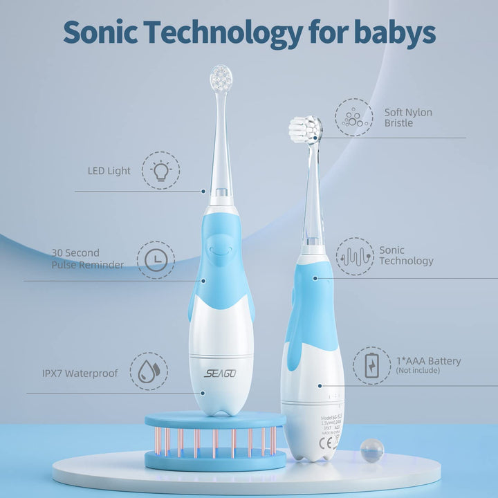 SEAGO sonische kindertandenborstel, kleur blauw, 1xAA 1,5V (niet meegeleverd), 4 opzetstukken, SG-513 Blauw + Set reservetandenborstels voor SG-513, SG-977 SEAGO, 4 stuks, kleur transparant, SG-513 Navulling