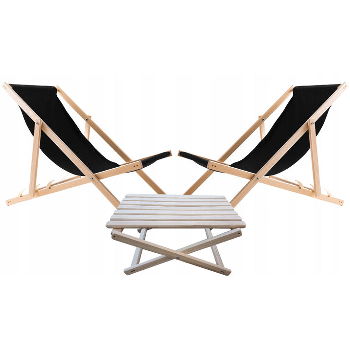 Set van 2 strandstoelen, zwart + houten salontafel Woodok