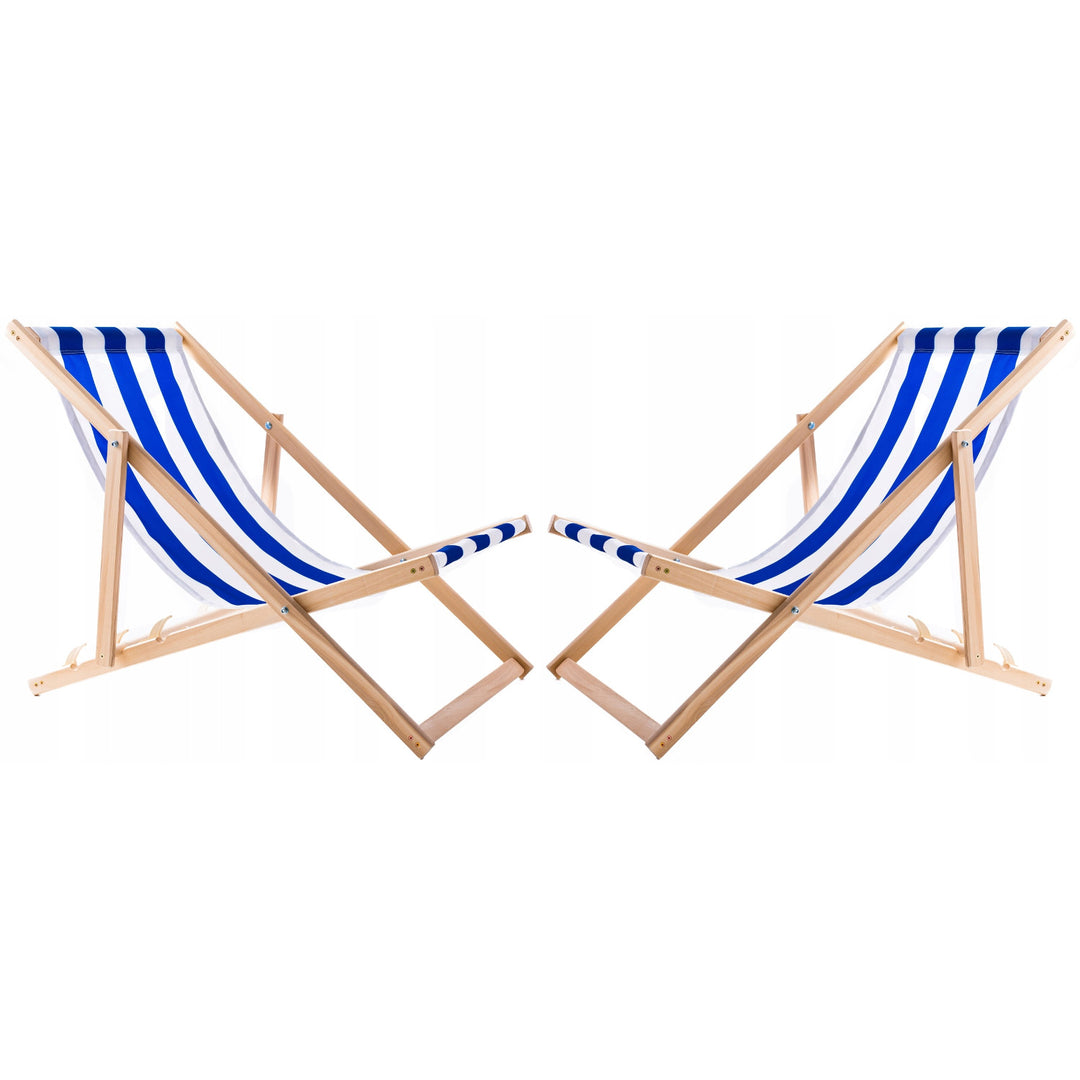 Set van 2 strandstoelen, blauwe strepen + houten salontafel Woodok