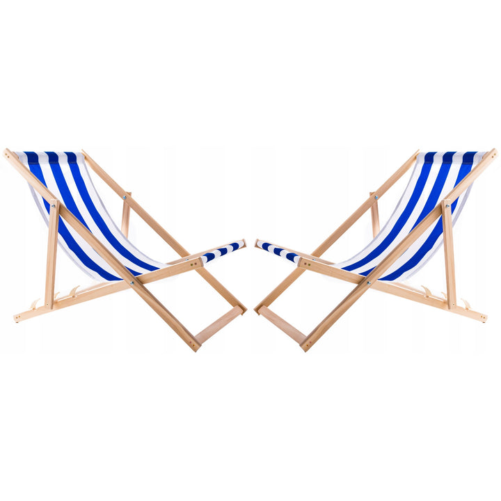 Set van 2 strandstoelen, blauwe strepen + houten salontafel Woodok